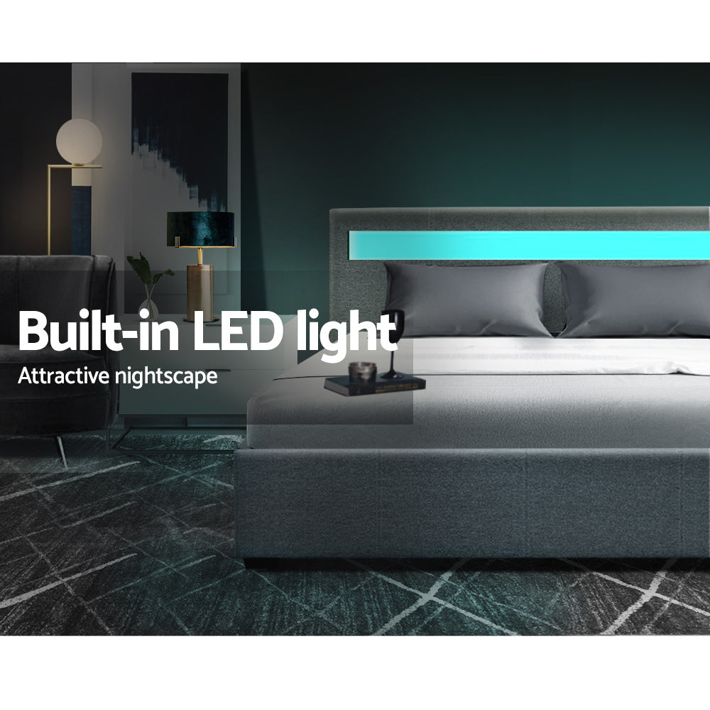 Artiss Bed Frame Double Size Gas Lift RGB LED Bedbase Grey Cole-Furniture &gt; Bedroom - Peroz Australia - Image - 6