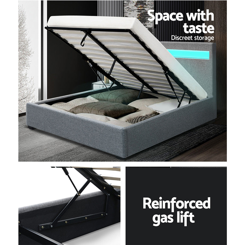 Artiss Bed Frame Double Size Gas Lift RGB LED Bedbase Grey Cole-Furniture &gt; Bedroom - Peroz Australia - Image - 8