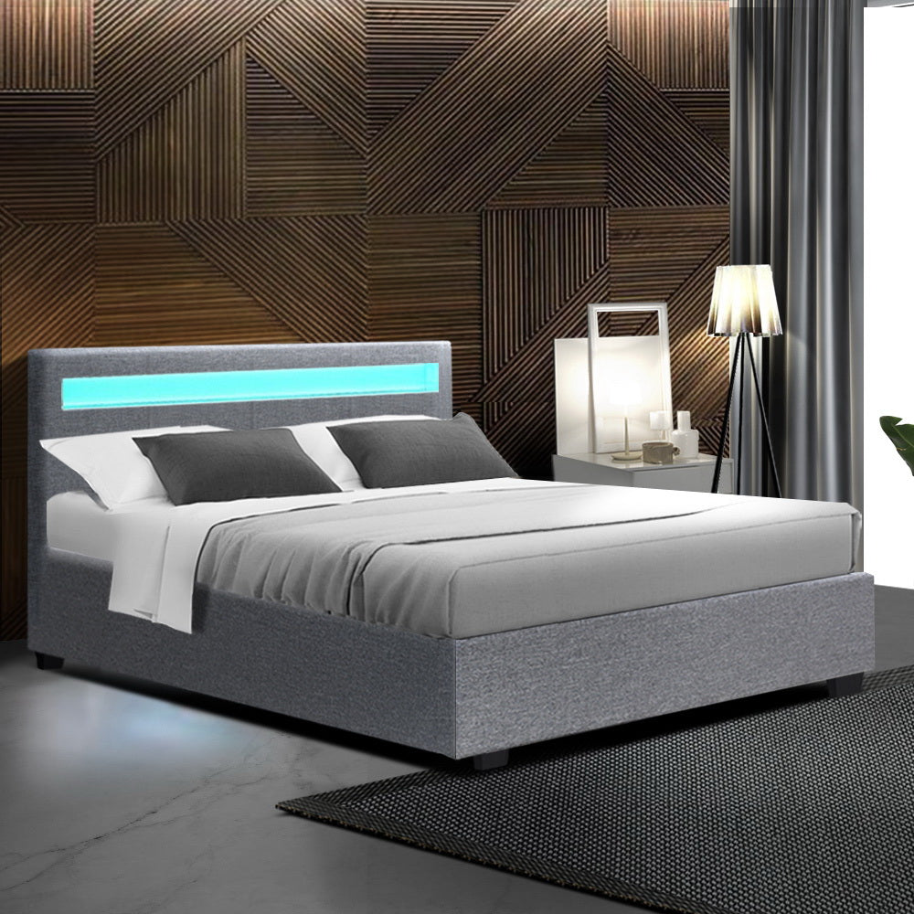 Artiss Bed Frame Double Size Gas Lift RGB LED Bedbase Grey Cole-Furniture &gt; Bedroom - Peroz Australia - Image - 1