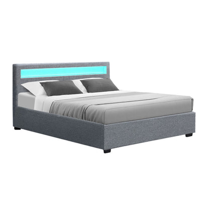 Artiss Cole LED Bed Frame Fabric Gas Lift Storage - Grey Queen-Furniture &gt; Bedroom - Peroz Australia - Image - 2