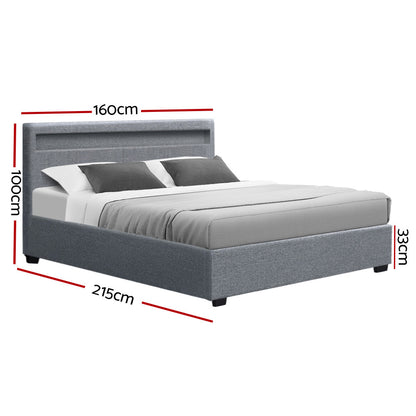 Artiss Cole LED Bed Frame Fabric Gas Lift Storage - Grey Queen-Furniture &gt; Bedroom - Peroz Australia - Image - 3