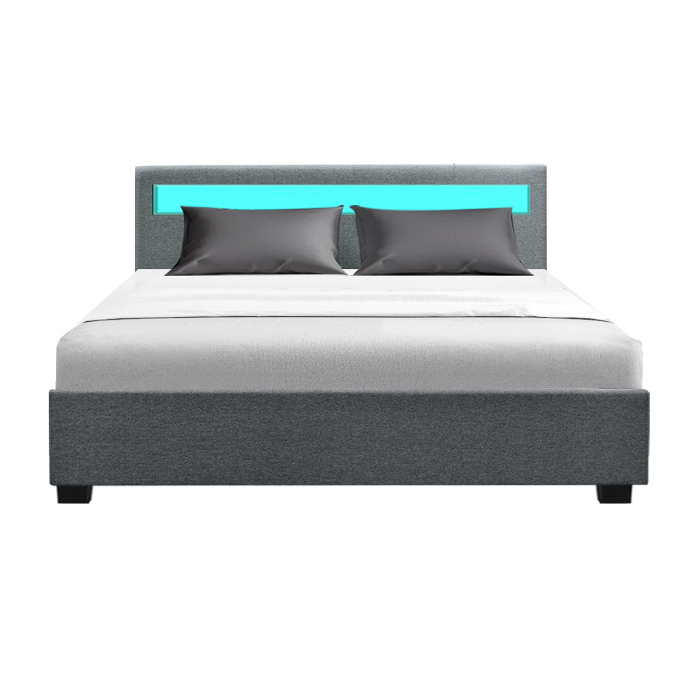 Artiss Cole LED Bed Frame Fabric Gas Lift Storage - Grey Queen-Furniture &gt; Bedroom - Peroz Australia - Image - 4