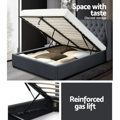 Artiss Issa Bed Frame Fabric Gas Lift Storage - Charcoal Queen-Furniture &gt; Bedroom - Peroz Australia - Image - 6