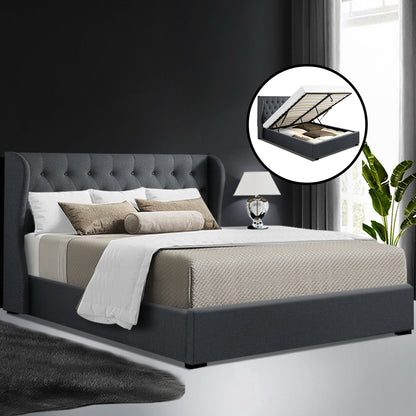 Artiss Issa Bed Frame Fabric Gas Lift Storage - Charcoal Queen-Furniture &gt; Bedroom - Peroz Australia - Image - 1