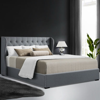 Artiss Issa Bed Frame Fabric Gas Lift Storage - Grey Queen-Furniture &gt; Bedroom - Peroz Australia - Image - 1
