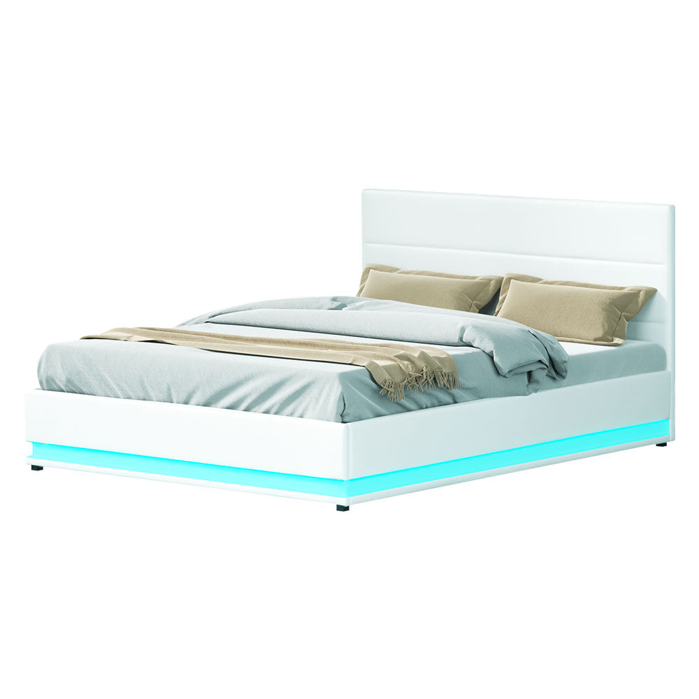 Artiss Lumi LED Bed Frame PU Leather Gas Lift Storage - White Queen-Bed Frames - Peroz Australia - Image - 1