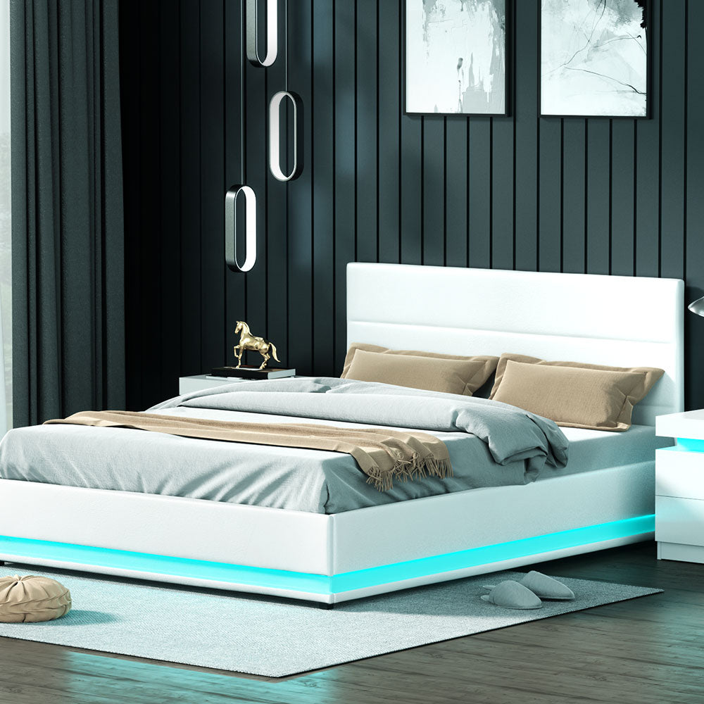 Artiss Lumi LED Bed Frame PU Leather Gas Lift Storage - White Queen-Bed Frames - Peroz Australia - Image - 8
