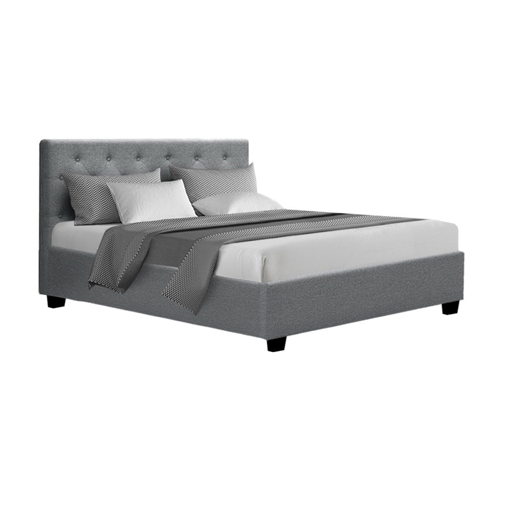 Artiss Vila Bed Frame Fabric Gas Lift Storage - Grey Double-Furniture &gt; Bedroom - Peroz Australia - Image - 2