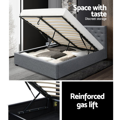 Artiss Vila Bed Frame Fabric Gas Lift Storage - Grey Double-Furniture &gt; Bedroom - Peroz Australia - Image - 6