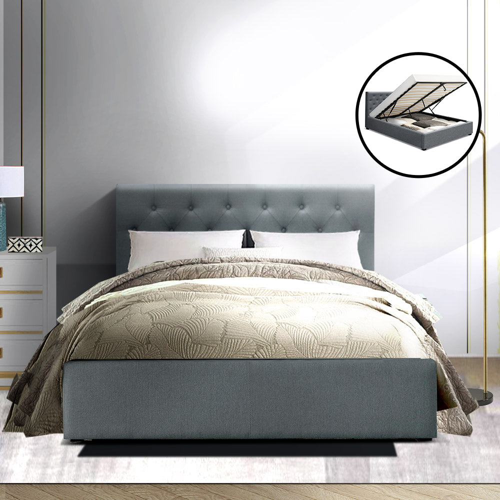 Artiss Vila Bed Frame Fabric Gas Lift Storage - Grey Double-Furniture &gt; Bedroom - Peroz Australia - Image - 1