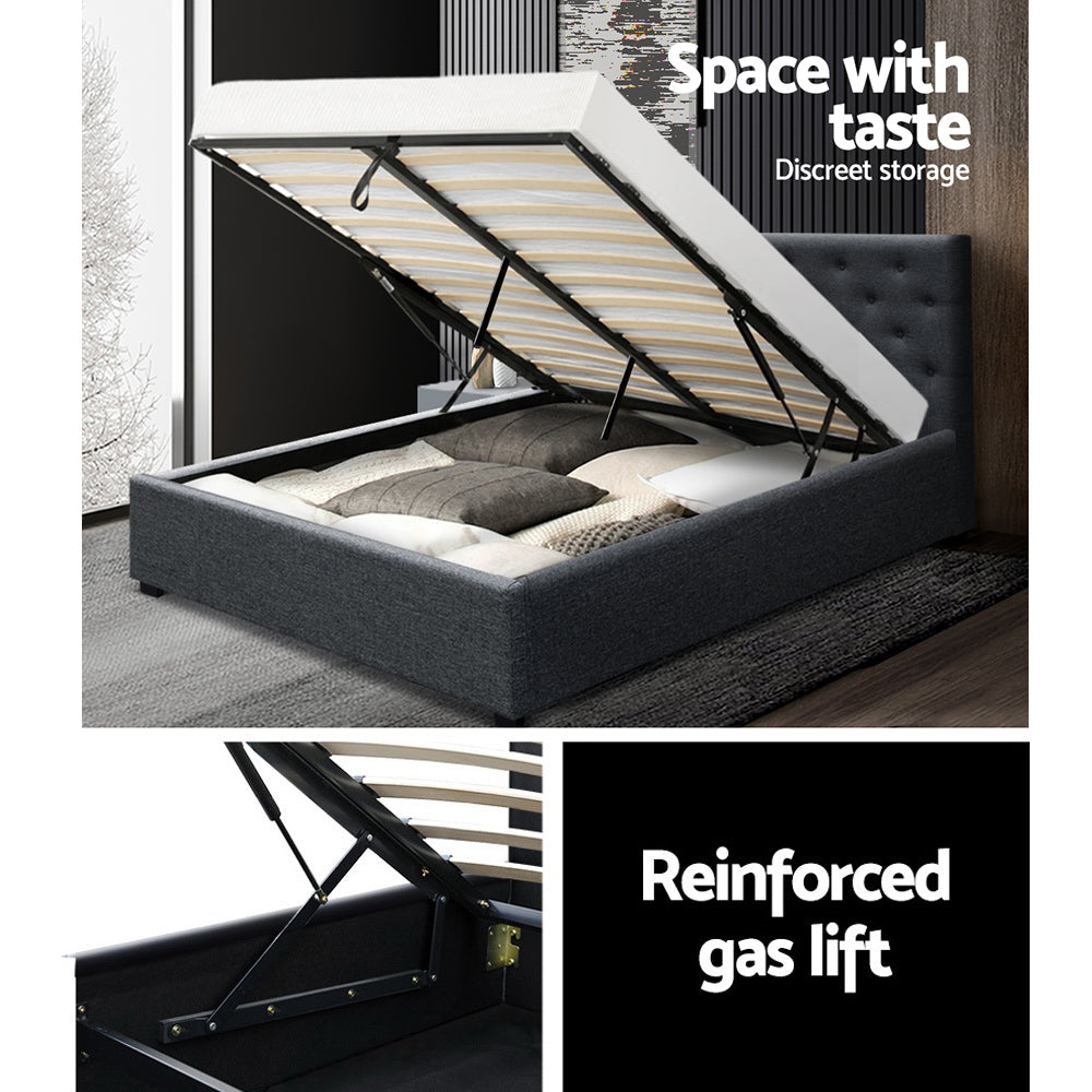 Artiss Vila Bed Frame Fabric Gas Lift Storage - Charcoal Queen-Furniture &gt; Bedroom - Peroz Australia - Image - 6