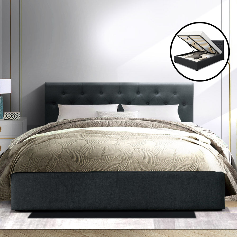 Artiss Vila Bed Frame Fabric Gas Lift Storage - Charcoal Queen-Furniture &gt; Bedroom - Peroz Australia - Image - 1
