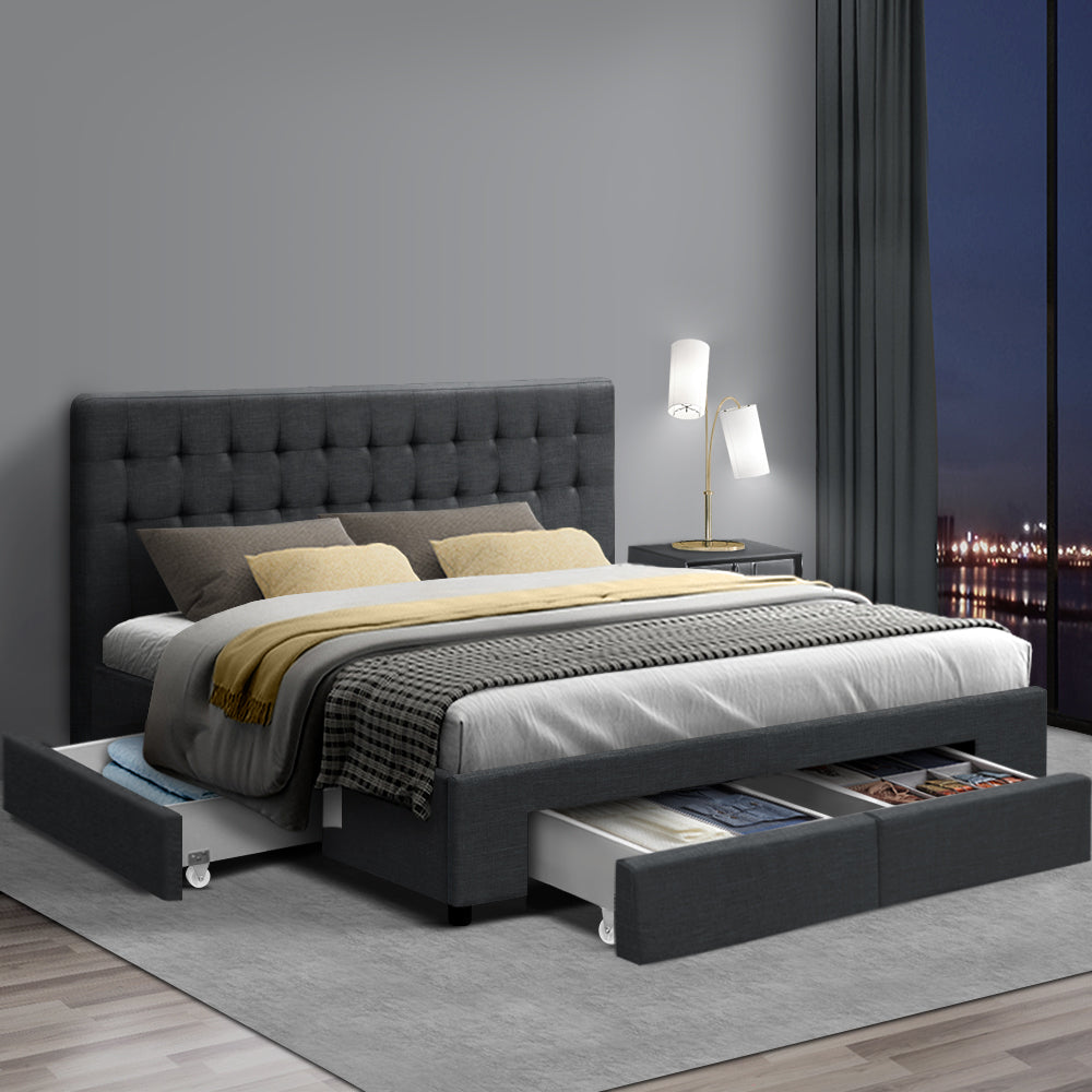 Artiss Avio Bed Frame Fabric Storage Drawers - Charcoal King-Furniture &gt; Bedroom - Peroz Australia - Image - 1