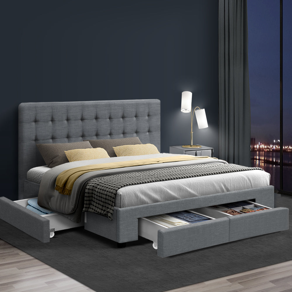 Artiss Avio Bed Frame Fabric Storage Drawers - Grey Queen-Furniture &gt; Bedroom - Peroz Australia - Image - 1