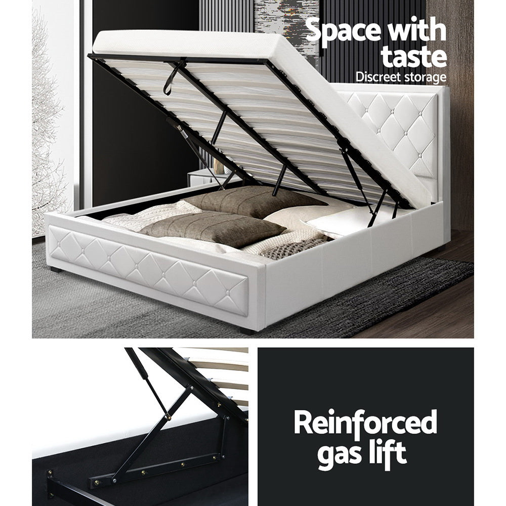 Artiss Tiyo Bed Frame PU Leather Gas Lift Storage - White Double-Furniture &gt; Bedroom - Peroz Australia - Image - 6
