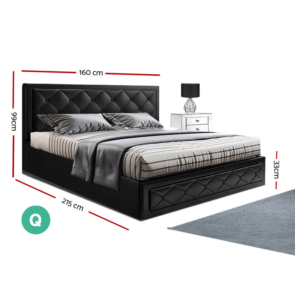 Artiss Tiyo Bed Frame PU Leather Gas Lift Storage - Black Queen-Furniture &gt; Bedroom - Peroz Australia - Image - 3