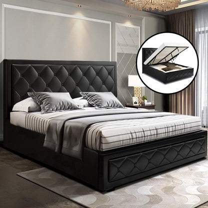 Artiss Tiyo Bed Frame PU Leather Gas Lift Storage - Black Queen-Furniture &gt; Bedroom - Peroz Australia - Image - 1