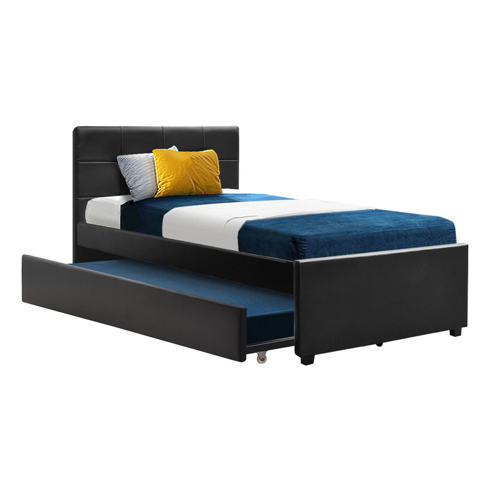 Artiss Trundle Bed Frame King Single Size Black Leather-Furniture &gt; Bedroom - Peroz Australia - Image - 2