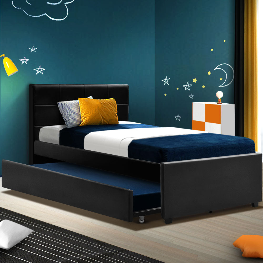 Artiss Trundle Bed Frame King Single Size Black Leather-Furniture &gt; Bedroom - Peroz Australia - Image - 1