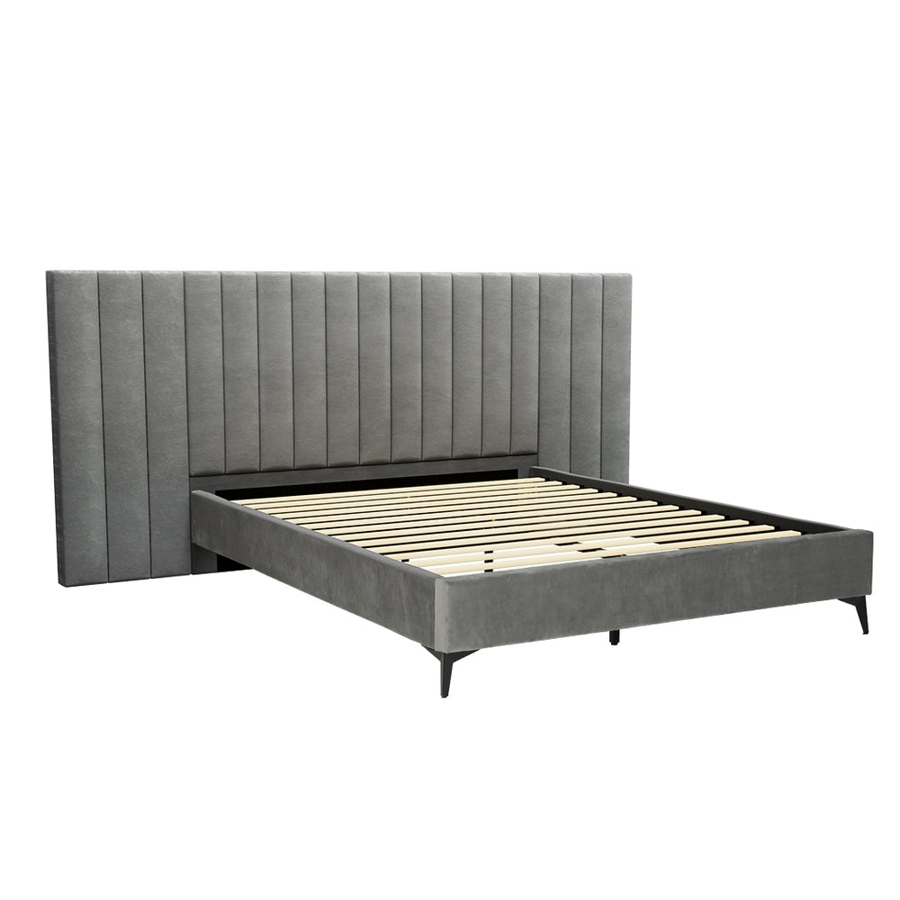 Artiss Bed Frame Queen Size Bed Base w Oversized Headboard Velvet Fabric Grey-Furniture &gt; Bedroom-PEROZ Accessories
