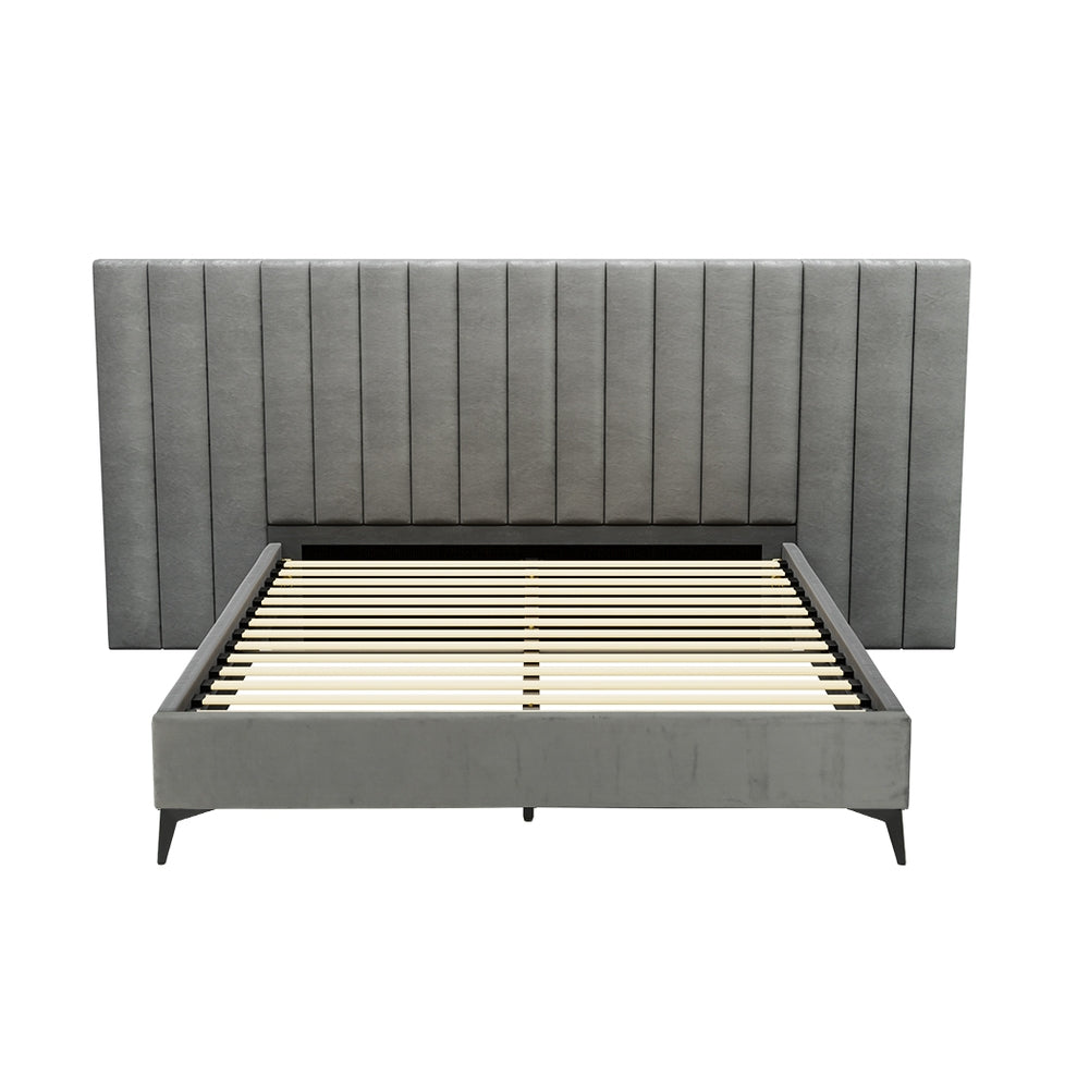 Artiss Bed Frame Queen Size Bed Base w Oversized Headboard Velvet Fabric Grey-Furniture &gt; Bedroom-PEROZ Accessories