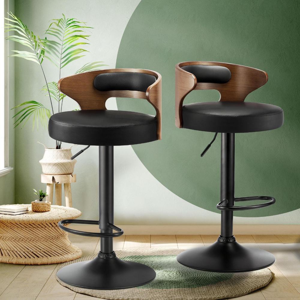 Oikiture 2x Bar Stools Kitchen Gas Lift Swivel Chairs Stool Wooden Barstool Black-Bar Stool-PEROZ Accessories