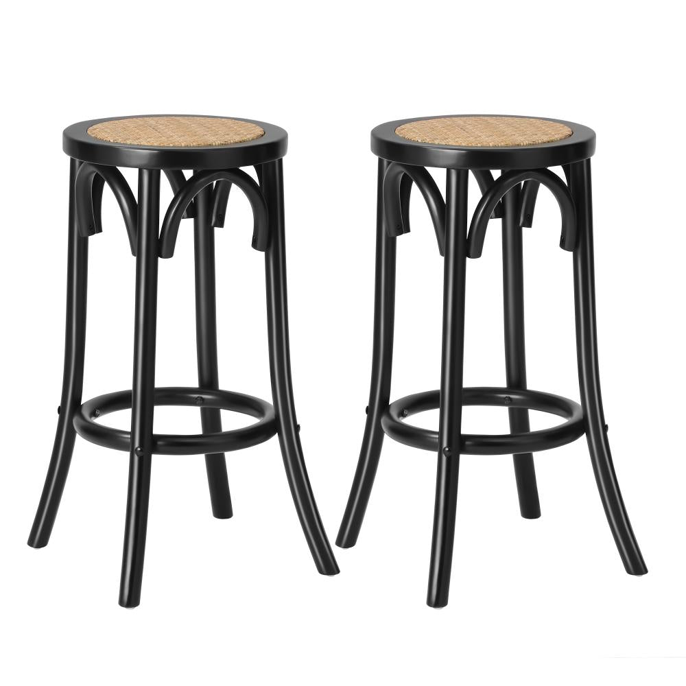 Oikiture Wooden Bar Stool 2pc Kitchen Vintage Barstool Rattan Dining Chair Black |PEROZ Australia
