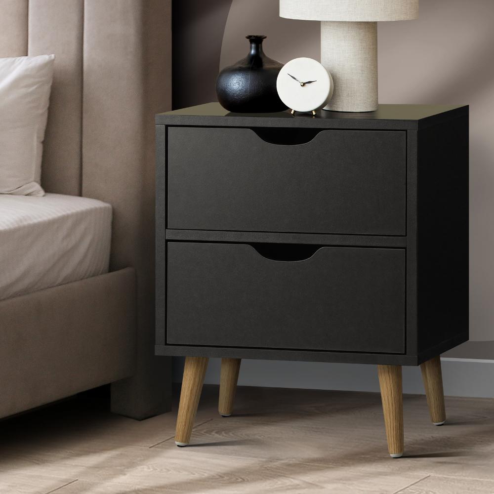 Oikiture Bedside Tables 2 Drawers Side Table Bedroom Furniture Storage Black-Bedside Table-PEROZ Accessories