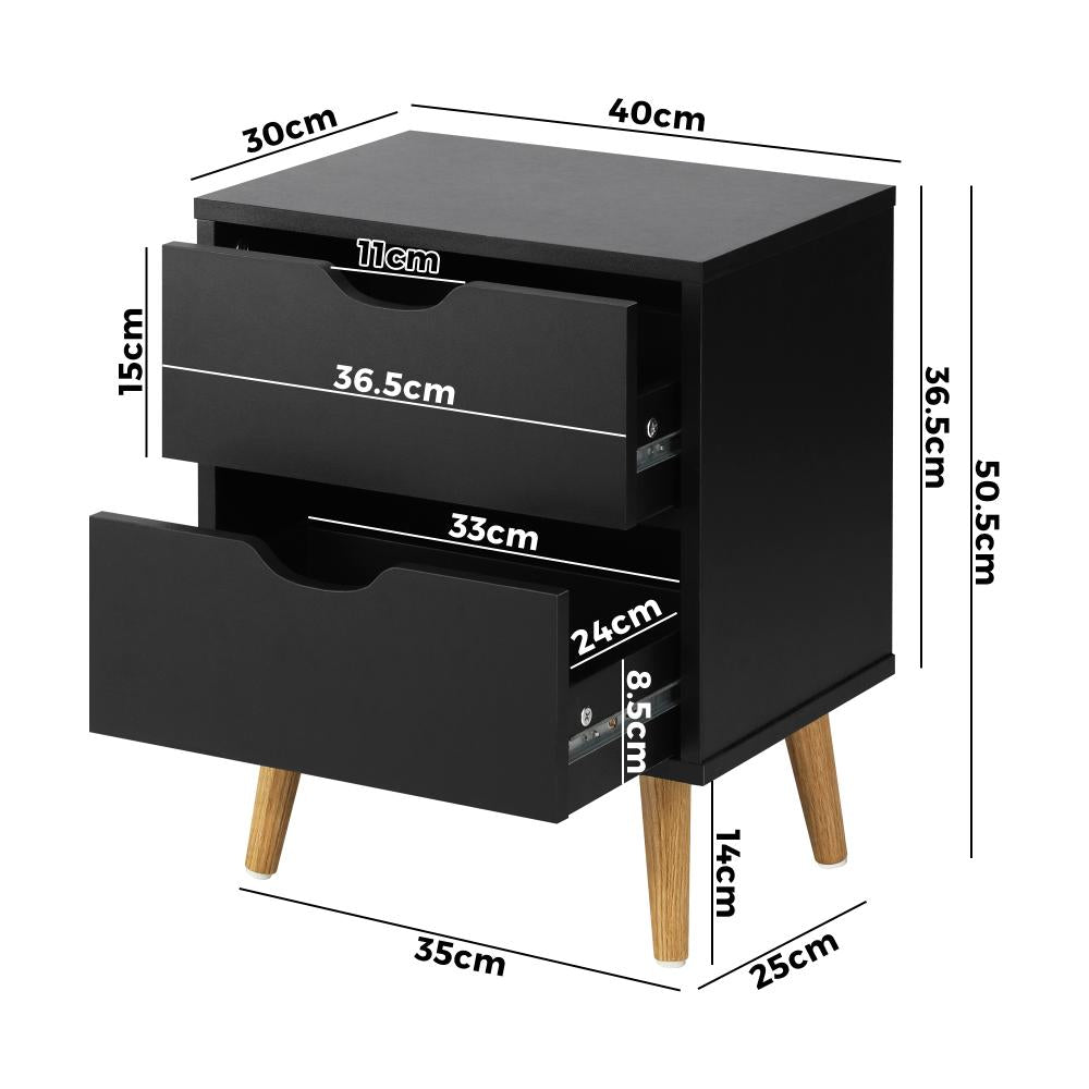 Oikiture Bedside Tables 2 Drawers Side Table Bedroom Furniture Storage Black-Bedside Table-PEROZ Accessories