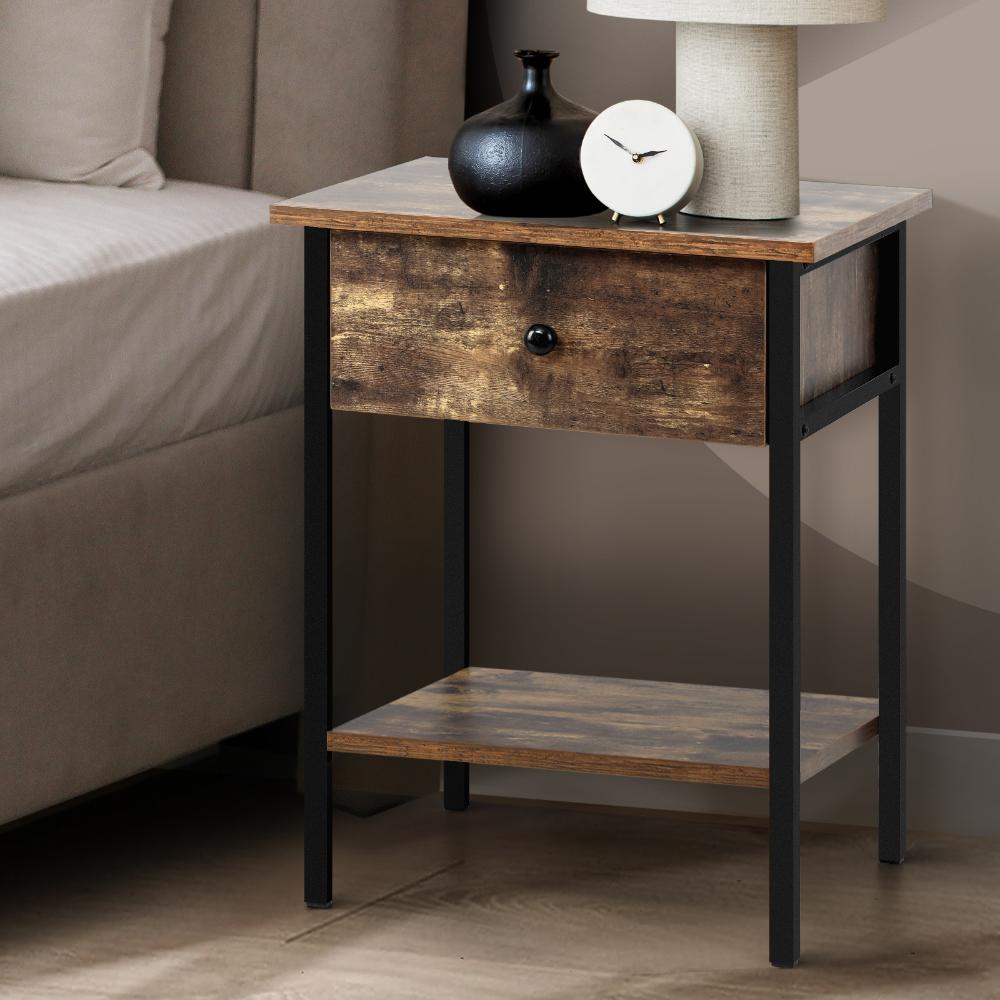 Oikiture Bedside Table with Drawer and Storage Shelf, Metal Frame Nightstand Cabinet-Bedside Table-PEROZ Accessories