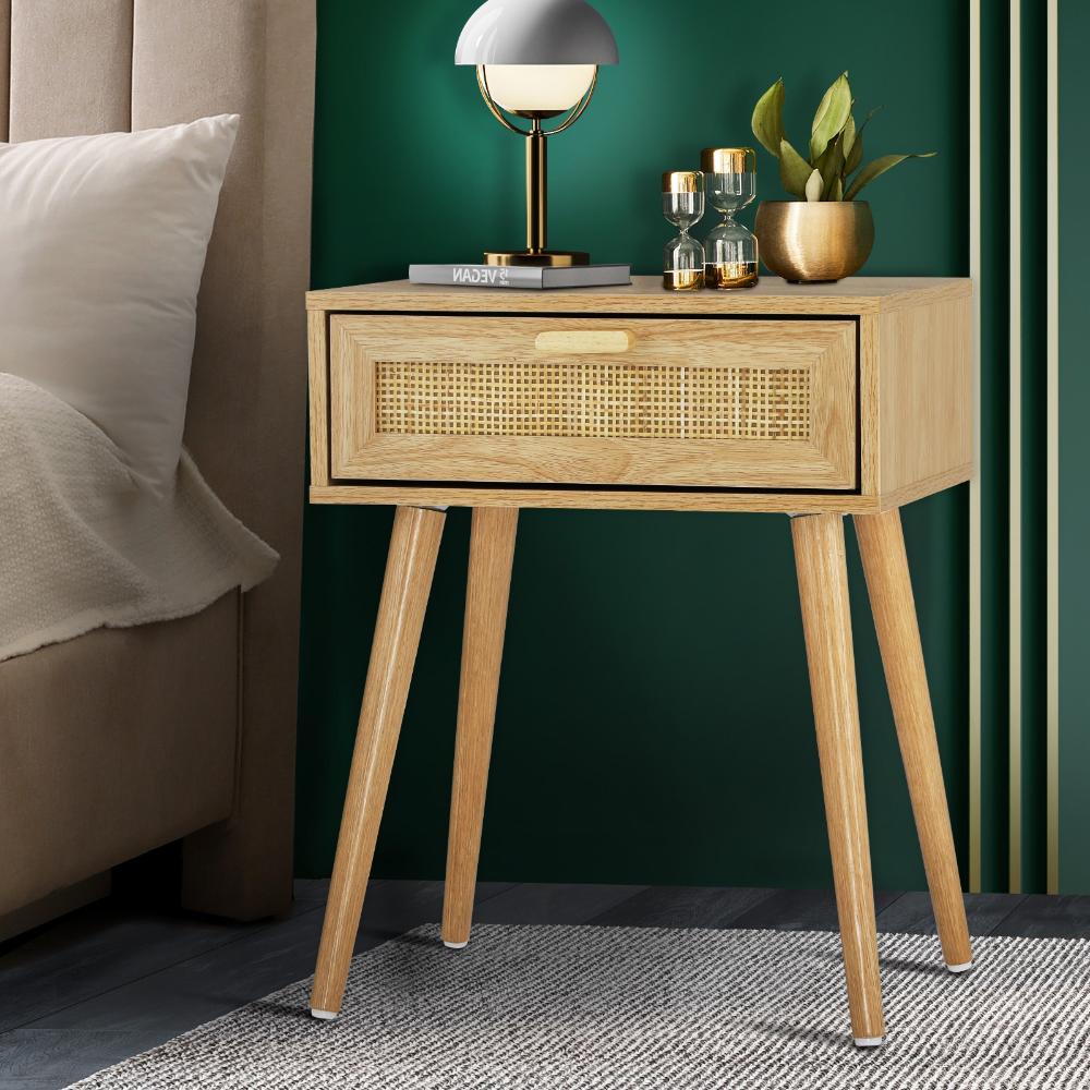 Oikiture Bedside Table Drawers Bedroom Wood Cabinet Nightstand Rattan Furniture-Bedside Table-PEROZ Accessories