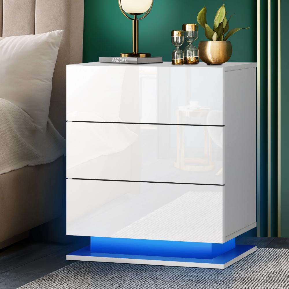 Oikiture Bedside Table RGB LED Nightstand Cabinet 3 Drawers Side Table Furniture-Bedside Table-PEROZ Accessories