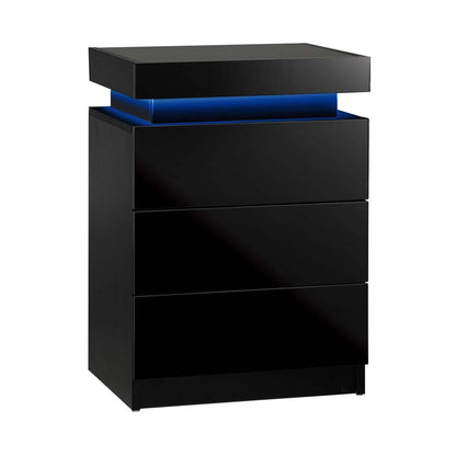 Oikiture Bedside Table RGB LED Nightstand Cabinet 3 Drawers Side Table Furniture Black-Bedside Table-PEROZ Accessories