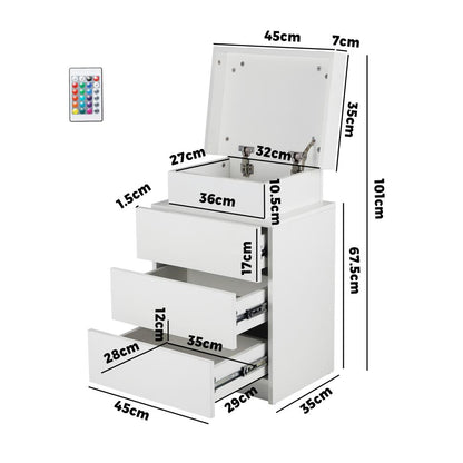 Oikiture Bedside Table RGB LED Nightstand Cabinet 3 Drawers Side Table Furniture White-Bedside Table-PEROZ Accessories