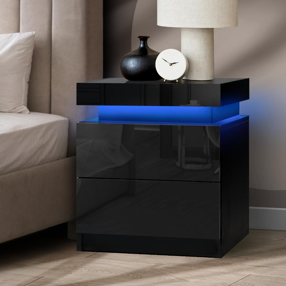 Oikiture Bedside Table RGB LED Nightstand Cabinet 2 Drawers Side Table Furniture Black-Bedside Table-PEROZ Accessories