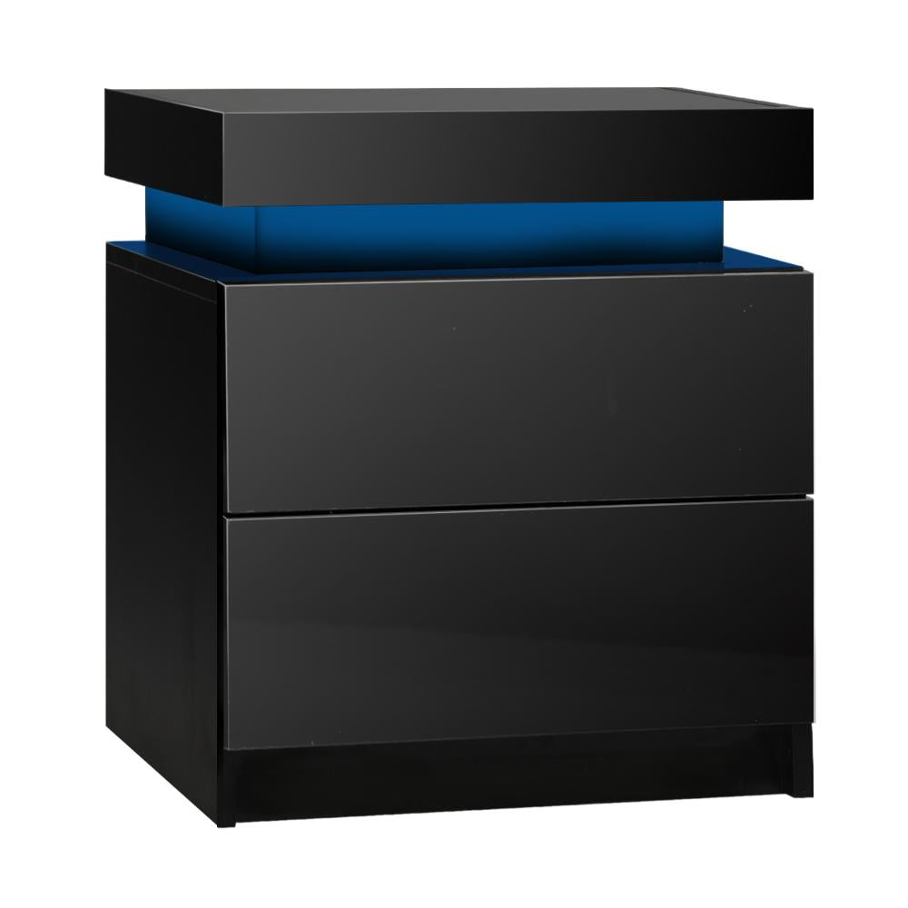 Oikiture Bedside Table RGB LED Nightstand Cabinet 2 Drawers Side Table Furniture Black-Bedside Table-PEROZ Accessories
