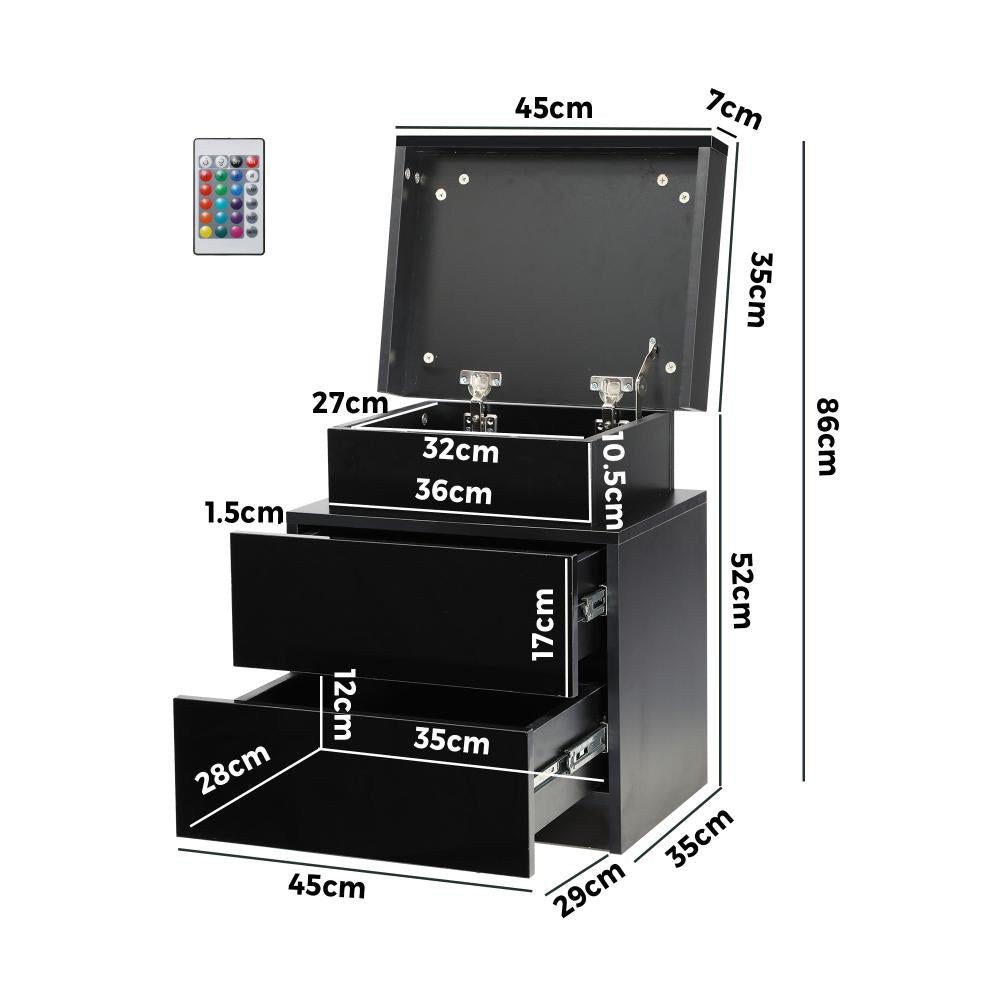 Oikiture Bedside Table RGB LED Nightstand Cabinet 2 Drawers Side Table Furniture Black-Bedside Table-PEROZ Accessories