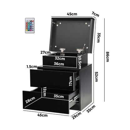 Oikiture Bedside Table RGB LED Nightstand Cabinet 2 Drawers Side Table Furniture Black-Bedside Table-PEROZ Accessories