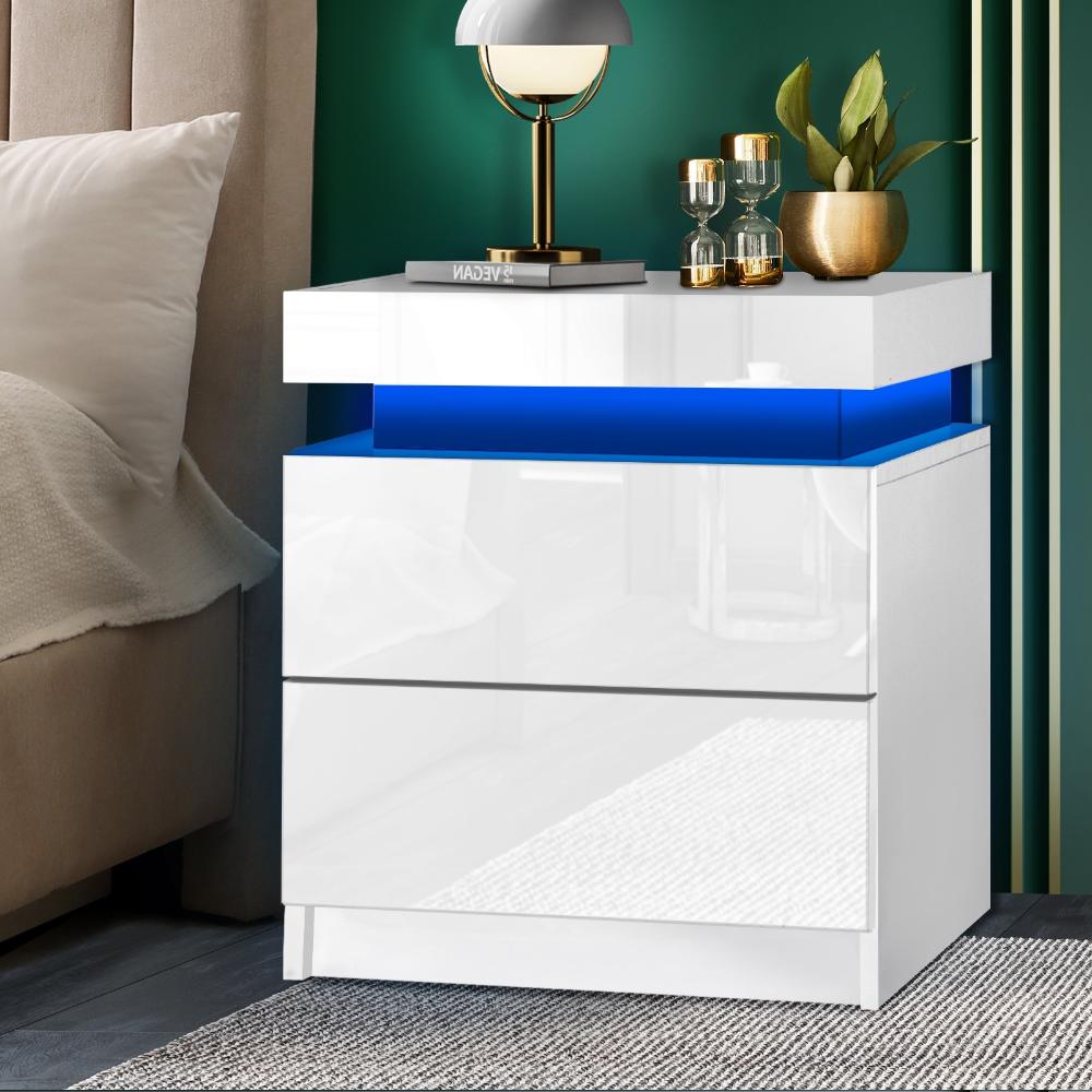 Oikiture Bedside Table RGB LED Nightstand Cabinet 2 Drawers Side Table Furniture White-Bedside Table-PEROZ Accessories