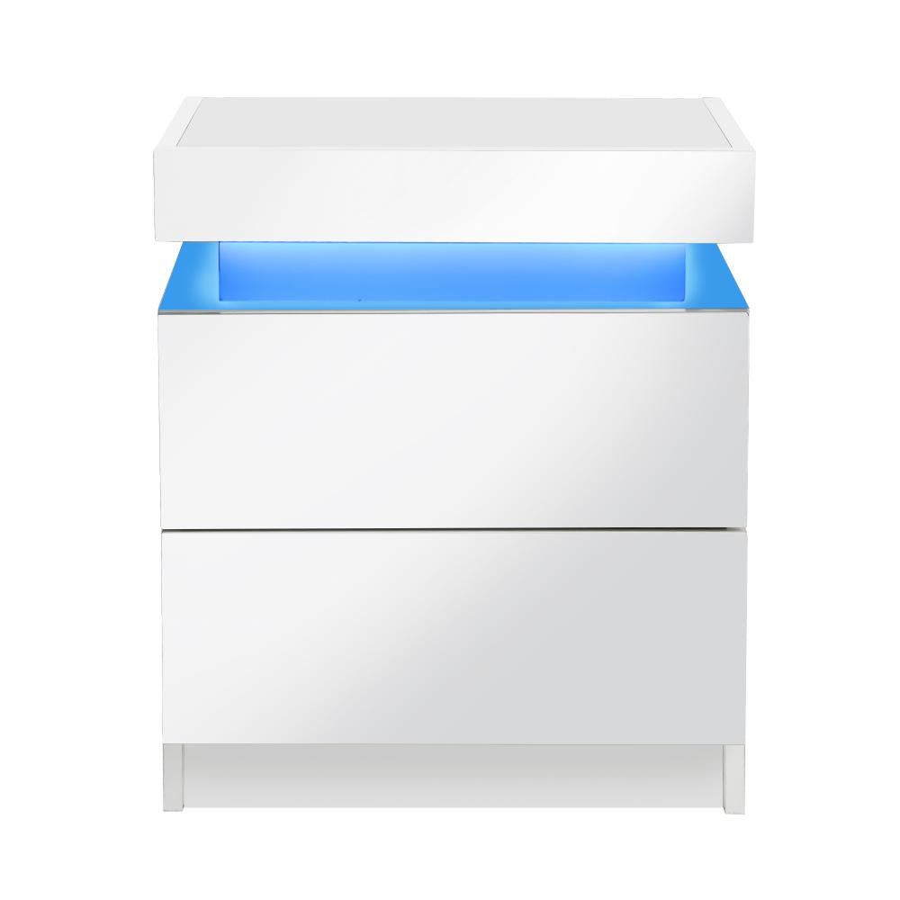 Oikiture Bedside Table RGB LED Nightstand Cabinet 2 Drawers Side Table Furniture White-Bedside Table-PEROZ Accessories