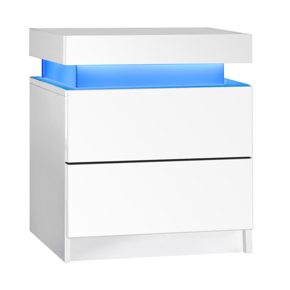 Oikiture Bedside Table RGB LED Nightstand Cabinet 2 Drawers Side Table Furniture White-Bedside Table-PEROZ Accessories