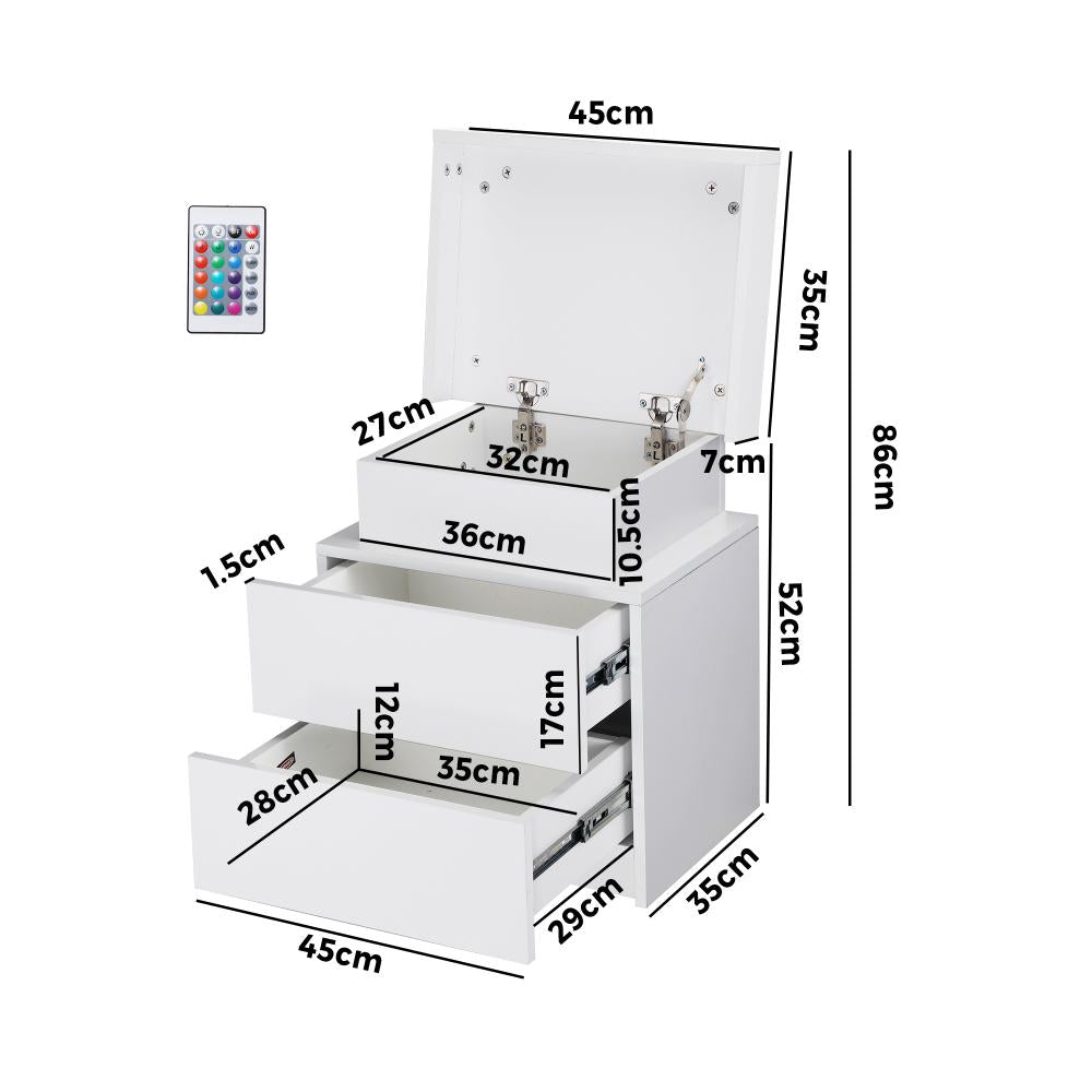 Oikiture Bedside Table RGB LED Nightstand Cabinet 2 Drawers Side Table Furniture White-Bedside Table-PEROZ Accessories