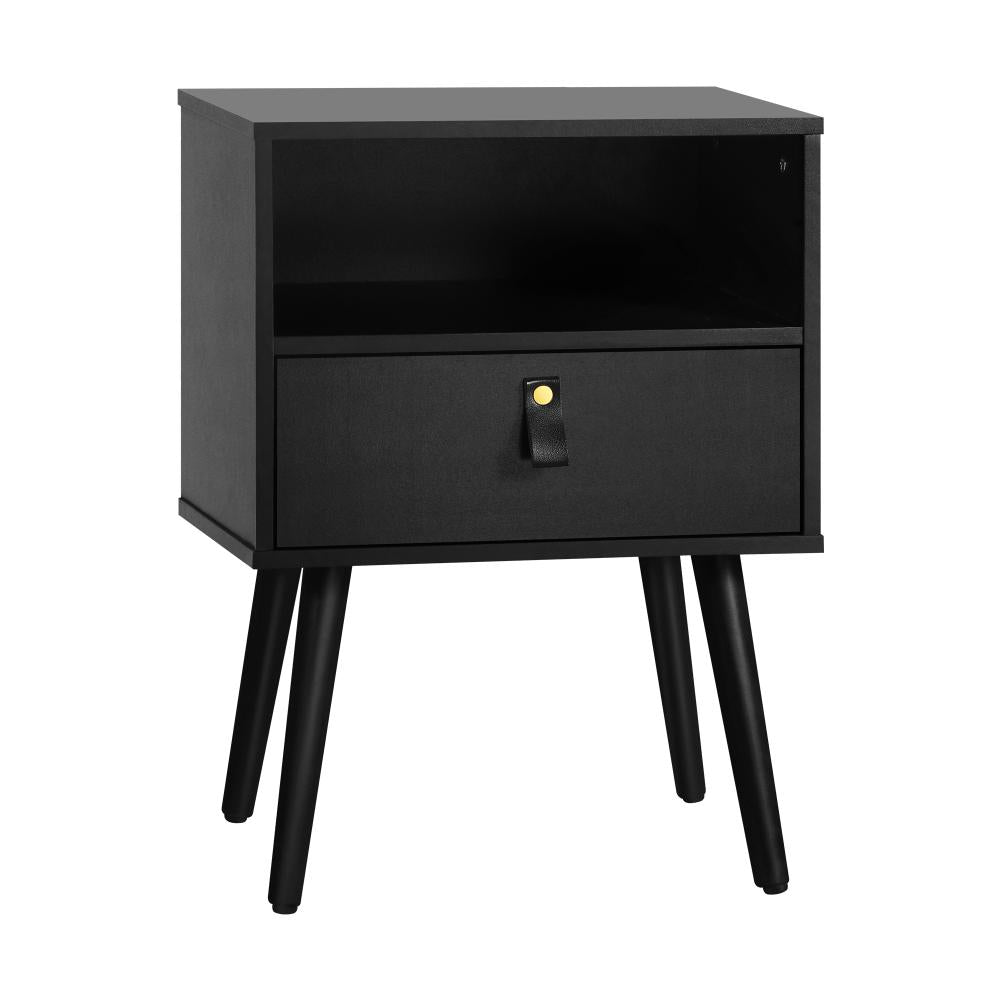 Shop Oikiture Bedside Tables Side Table Drawer Storage Cabinet w/ Leather Handle Black  | PEROZ Australia