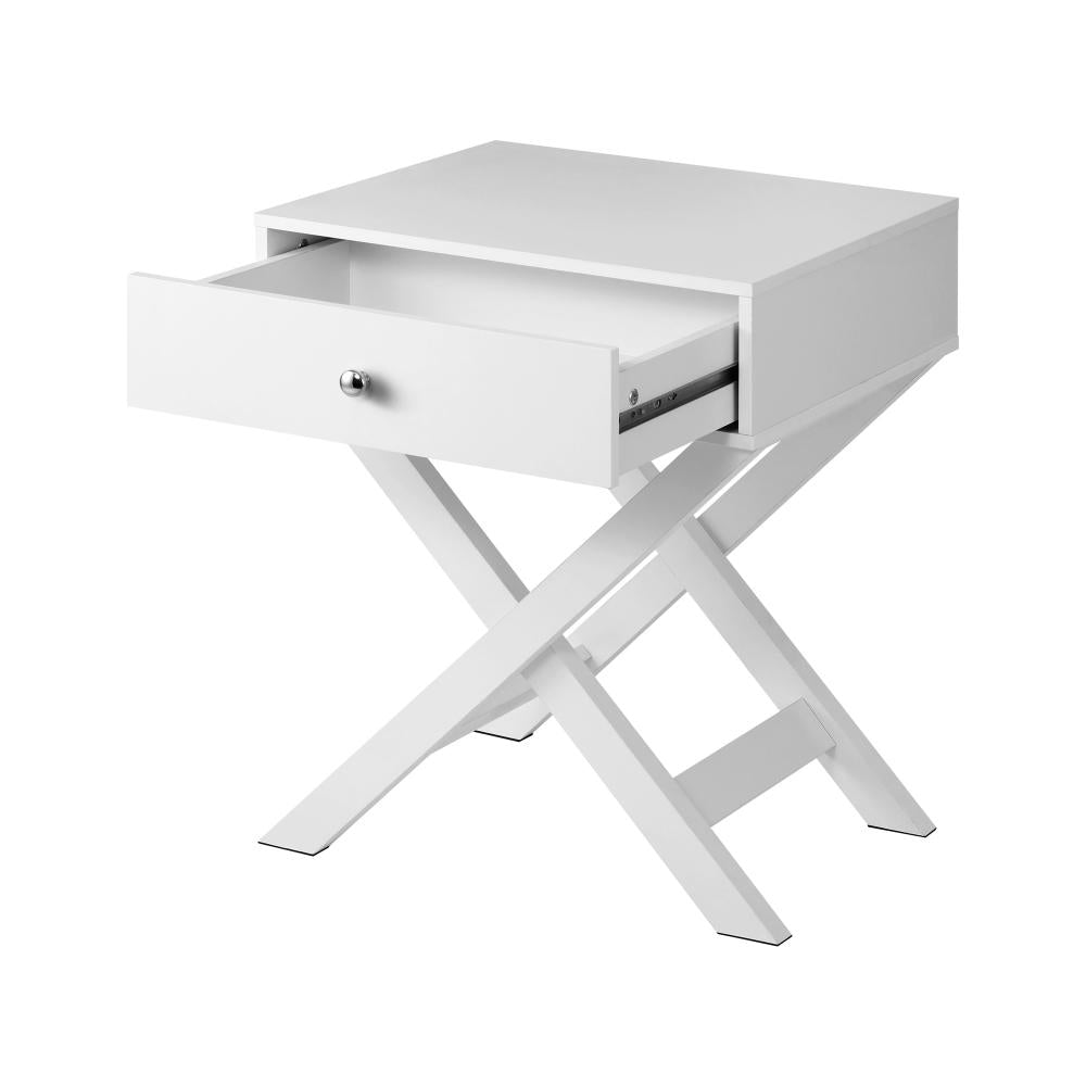 Oikiture Bedside Table with Wooden Frame and Cross Base Side Table Nightstand White