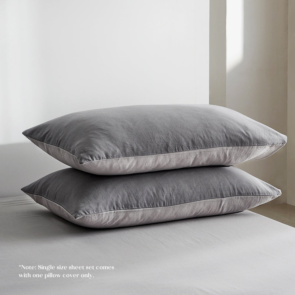 Cosy Club Washed Cotton Sheet Set Grey Double-Bed Sheets-PEROZ Accessories