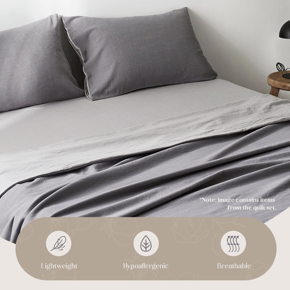 Cosy Club Washed Cotton Sheet Set Grey Double-Bed Sheets-PEROZ Accessories