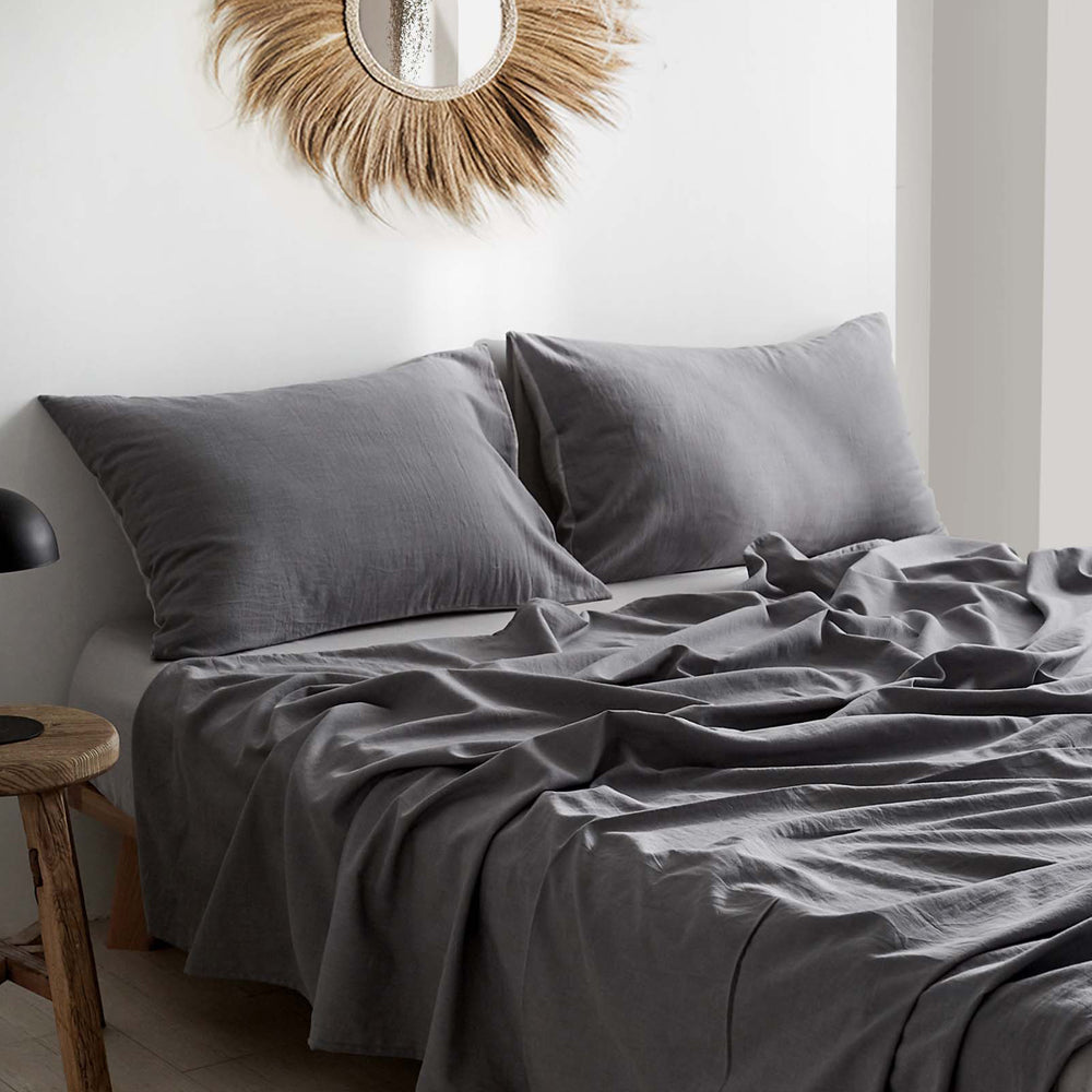 Cosy Club Washed Cotton Sheet Set Grey Double-Bed Sheets-PEROZ Accessories