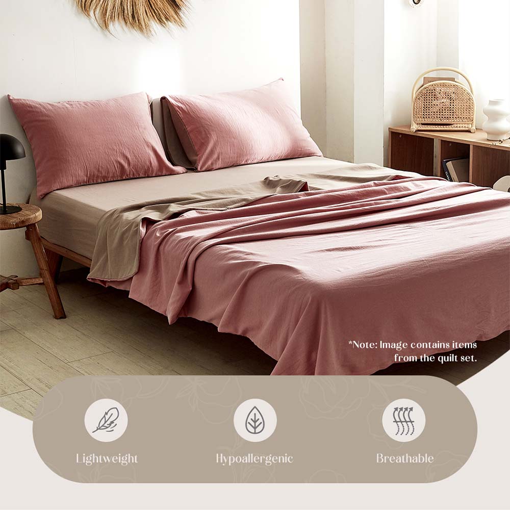 Cosy Club Washed Cotton Sheet Set Pink Brown Double-Bed Sheets-PEROZ Accessories
