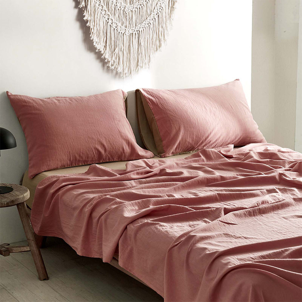 Cosy Club Washed Cotton Sheet Set Pink Brown Double-Bed Sheets-PEROZ Accessories