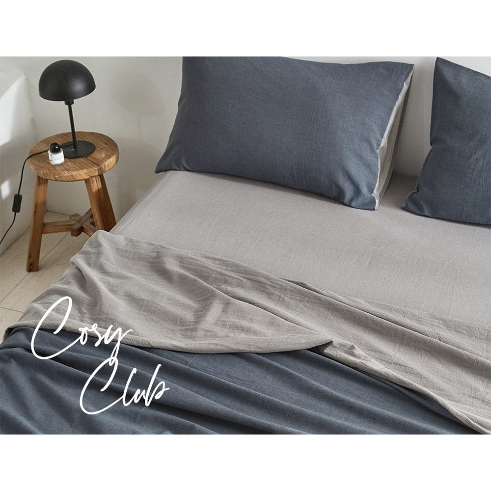 Cosy Club Sheet Set Cotton Sheets Single Blue Dark Grey-Bed Sheets-PEROZ Accessories